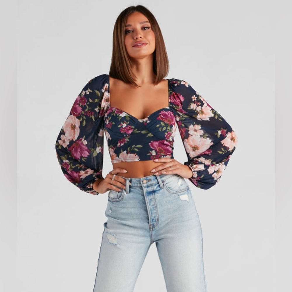 Floral Mesh Balloon Sleeve Bustier